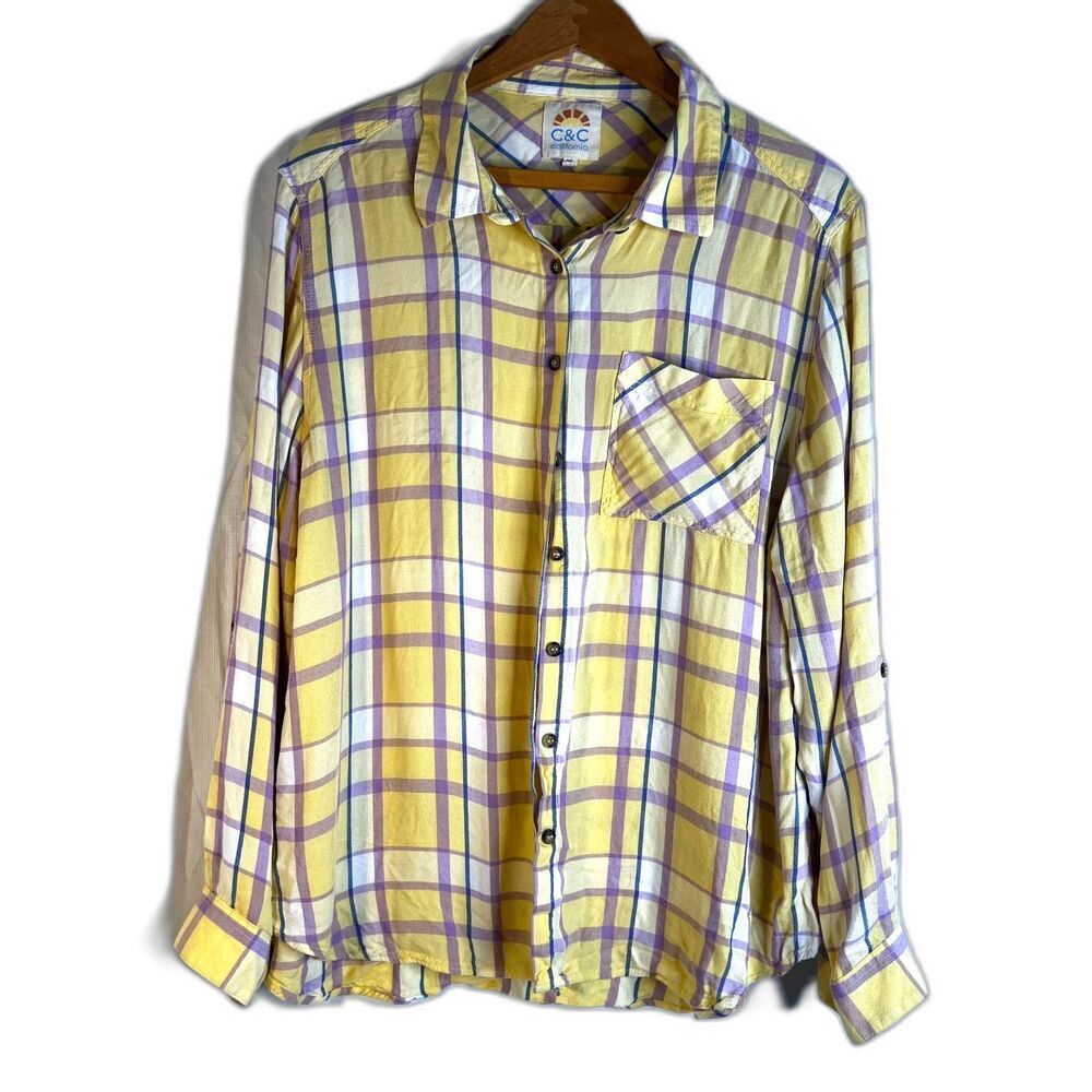 C&C California Yellow Plaid Button Down Long Sleeve Flannel Shirt Size XL